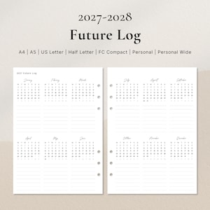 Registro futuro 2027–2028 / Resumen mensual estilo guion PDF / A4, A5, Carta estadounidense, Media carta, FC, Personal, Personal Wide