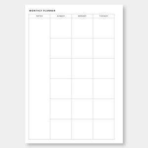 May include: A blank monthly planner with columns for notes, Sunday, Monday, Tuesday, and a copyright notice at the bottom that reads "&copy;CATTARIN and CO."