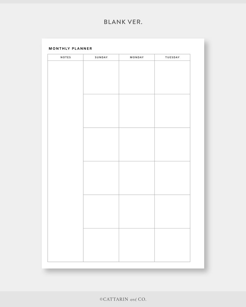 May include: A blank monthly planner with columns for notes, Sunday, Monday, Tuesday, and a copyright notice at the bottom that reads "&copy;CATTARIN and CO."