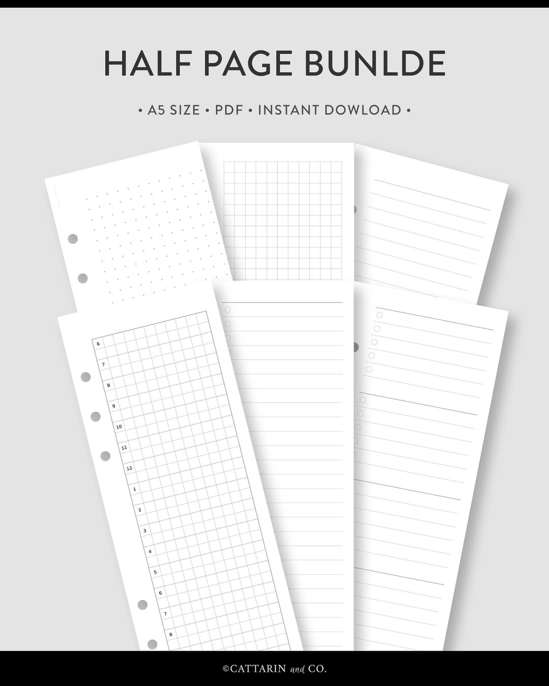 A5, Half Page Bundle | Printable Essential Kit, Line Notes, Dot Grid ...
