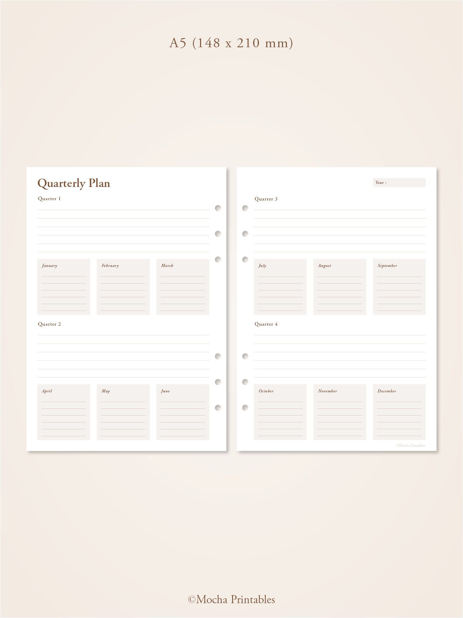 Quarterly Planner Printable Year on Two Pages A4, A5, US Letter, Half ...