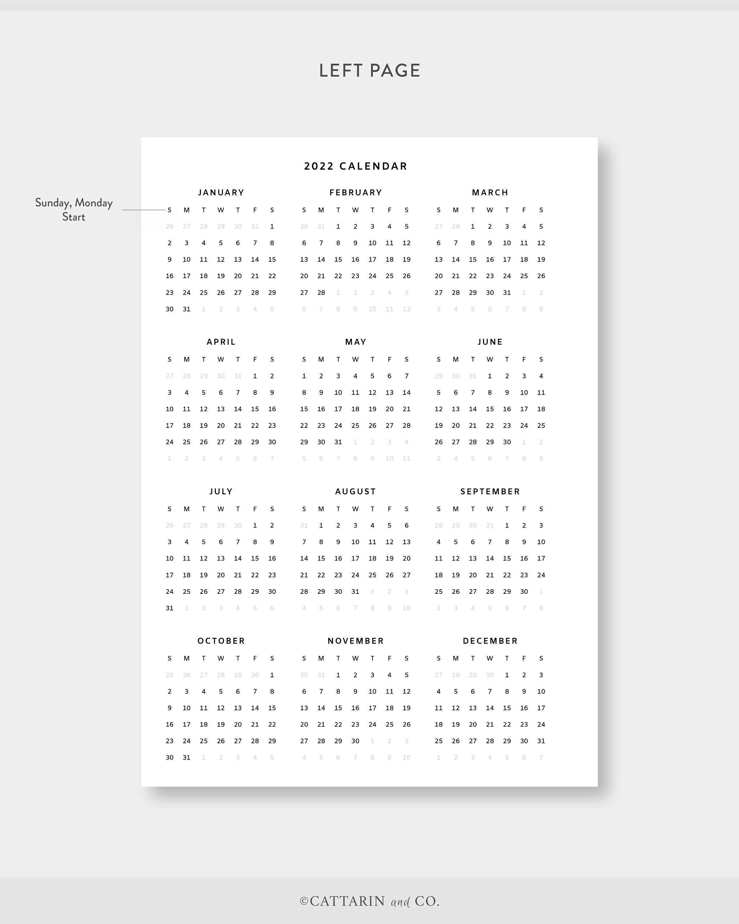 Personal Wide 2022 Yearly Calendar Printable Year At A Etsy