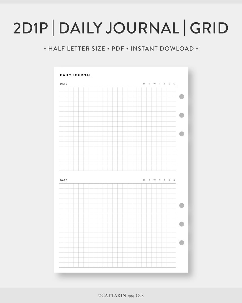 Half Letter, 2D1P Daily Journal Grid Daily Planner Printable Undated ...