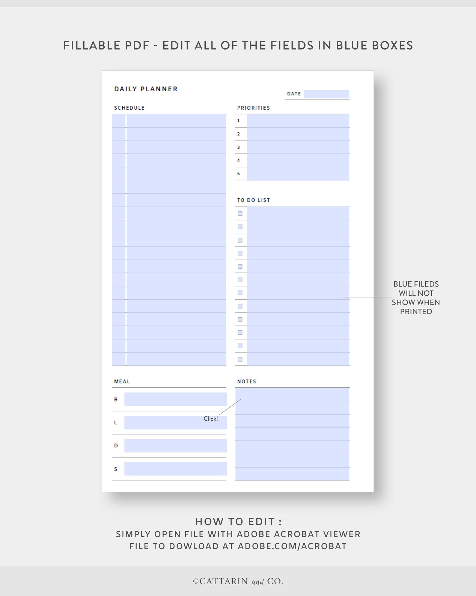 Half Letter, Daily Planner Printable Fillable , Editable Day on One ...