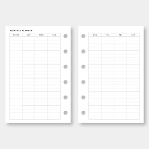 Op de afbeelding: Een printbare maandelijkse planner met gelinieerde pagina's. De planner is verdeeld in twee secties, een voor notities en een voor dagelijkse planning. De dagen van de week zijn bovenaan de pagina gelabeld. De planner is ontworpen voor gebruik met een ringband-systeem.