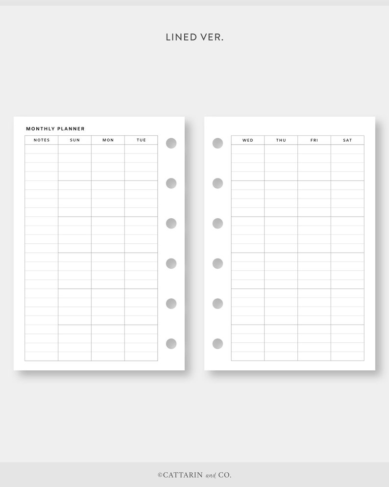 Op de afbeelding: Een printbare maandelijkse planner met gelinieerde pagina's. De planner is verdeeld in twee secties, een voor notities en een voor dagelijkse planning. De dagen van de week zijn bovenaan de pagina gelabeld. De planner is ontworpen voor gebruik met een ringband-systeem.
