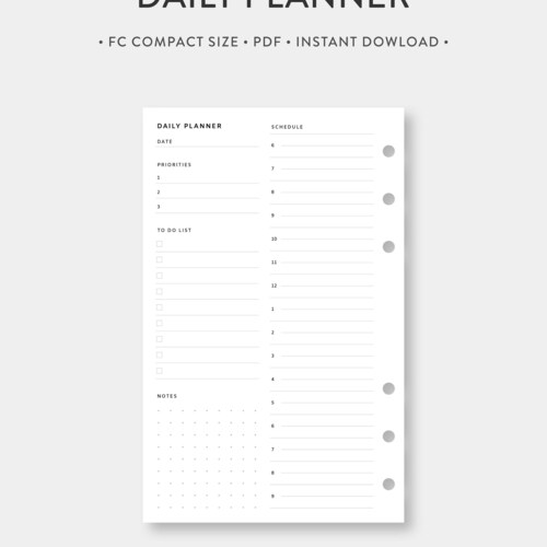FC Agenda giornaliera compatta e minimalista stampabile / Giorno su una pagina / Agenda giornaliera oraria / Elenco delle cose da fare efficace / Download digitale