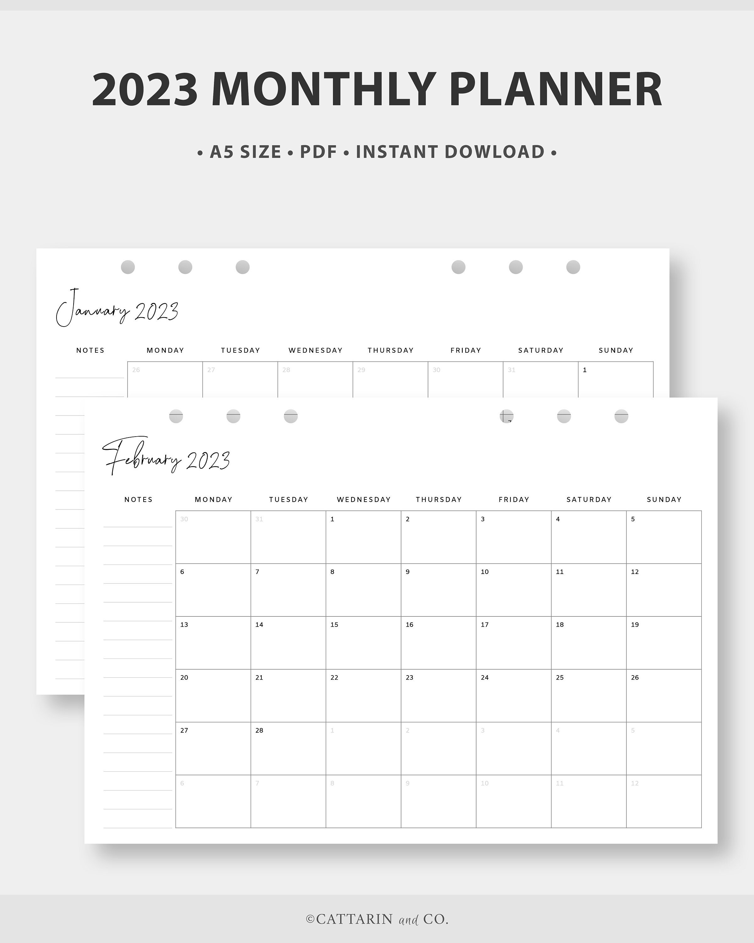 A5 2023 Monthly Planner Printable Calendar Horizontal Dated Etsy