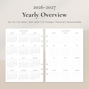 Puede incluir: Un planificador anual para 2026-2027 con vista general y diseños mensuales. Disponible en A4, A5, US Letter, Half Letter, FC Compact, Personal y Personal Wide. Diseño minimalista.