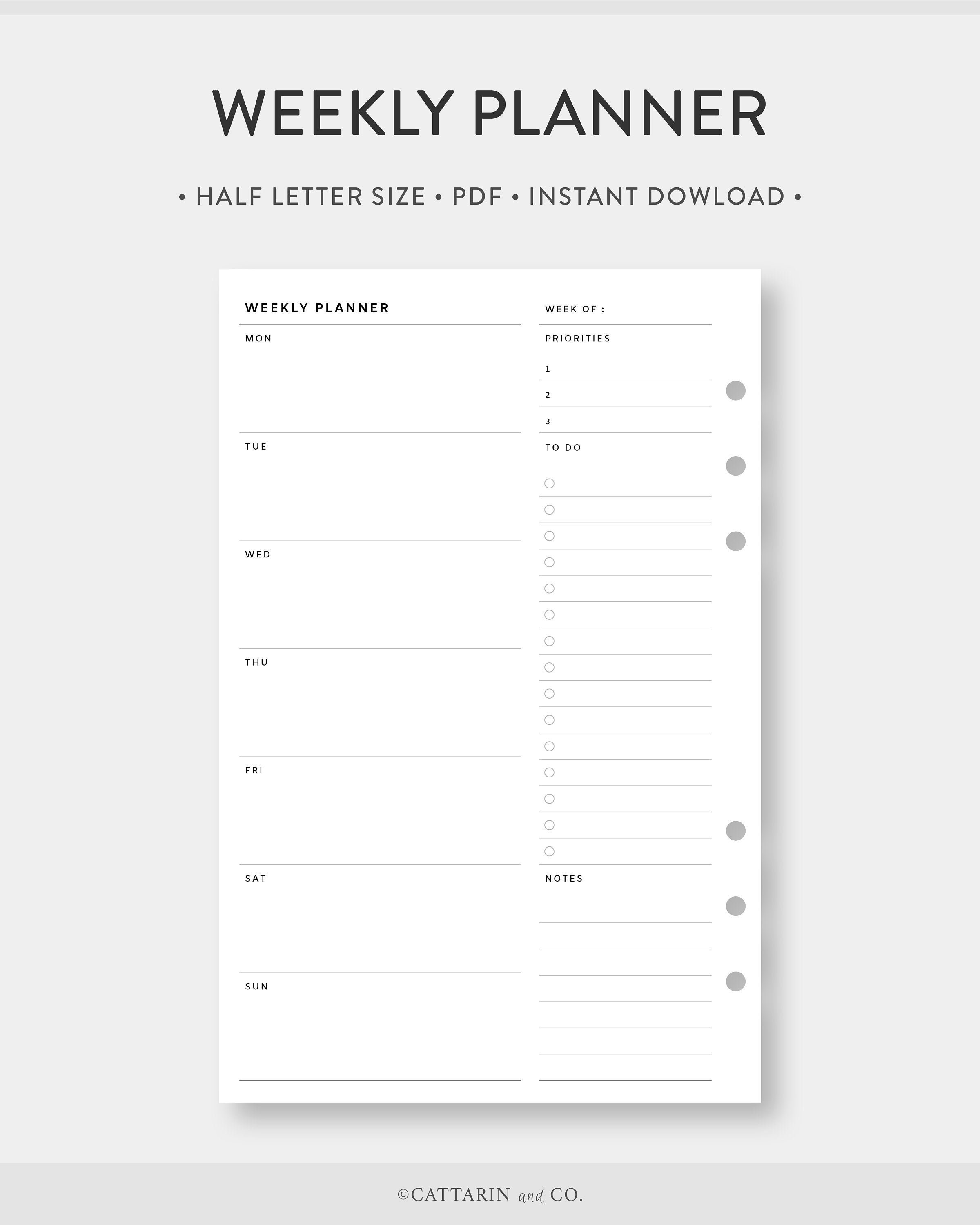 Half Letter, Weekly Planner Printable Minimalist to Do, Task List WO1P