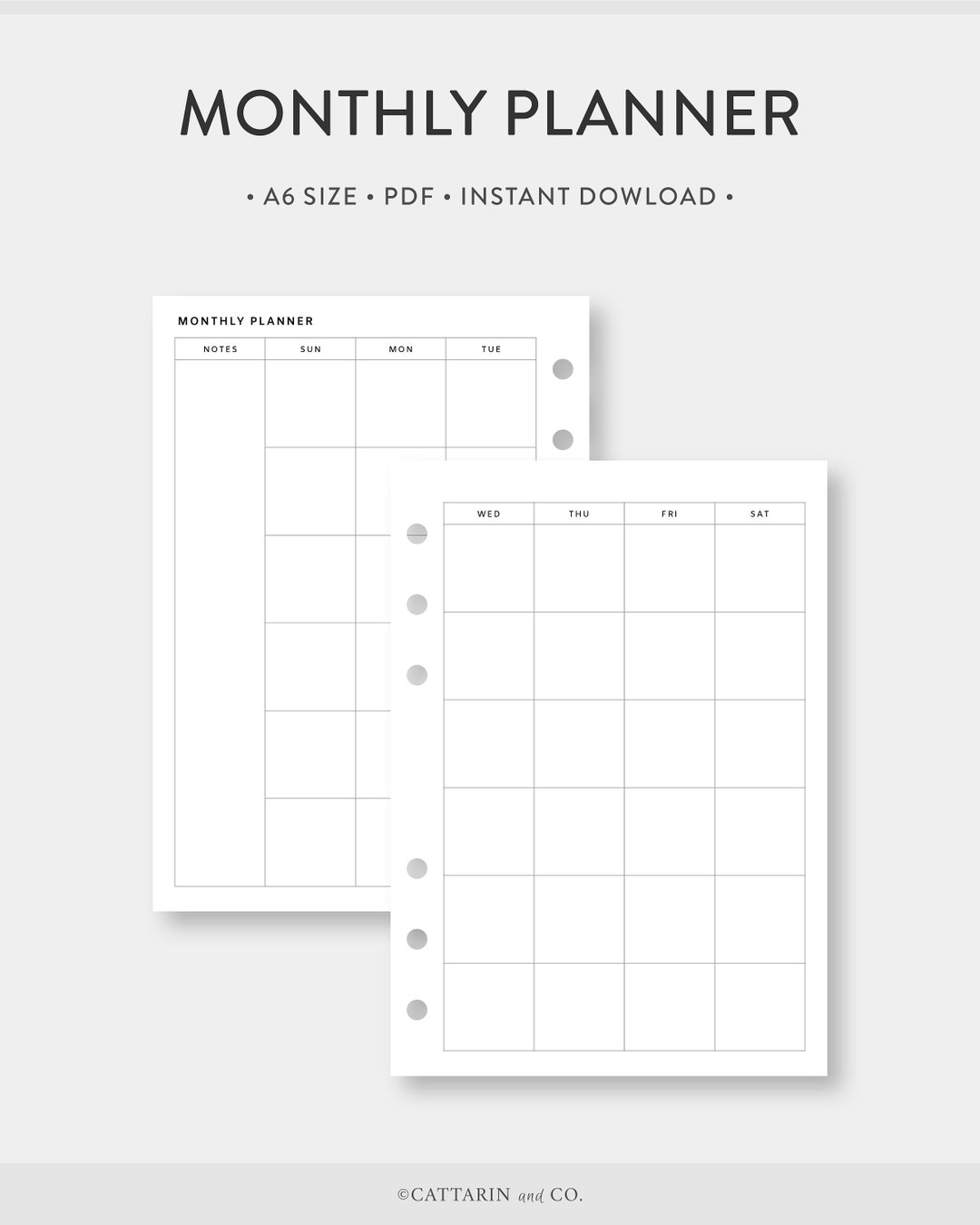 A6, Minimalist Monthly Planner Printable Calendar | Month on Two Pages ...