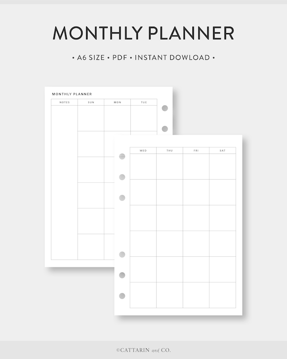 A6 Minimalist Monthly Planner Printable Calendar Month on - Etsy