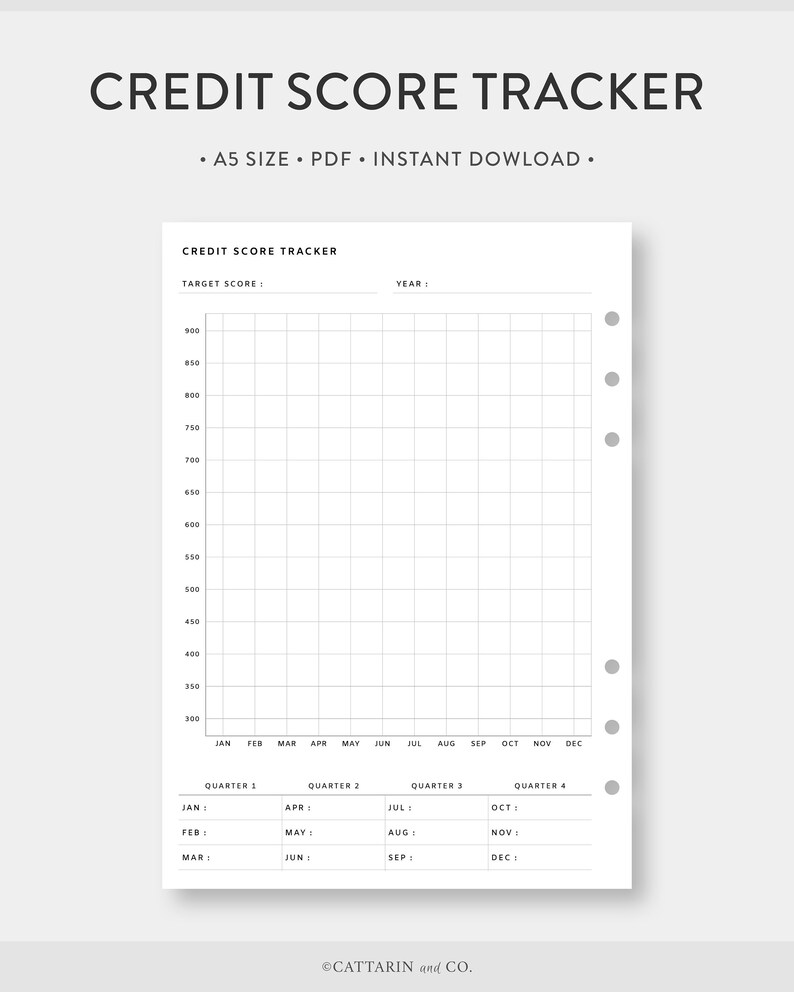 May include: A printable credit score tracker with a grid for tracking scores over 12 months. The tracker is divided into four quarters, with each quarter showing the months January through December. The tracker also includes a space for the target score and the year.