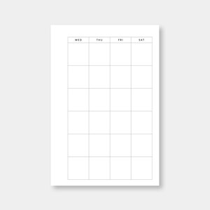 Op de afbeelding: Een blanco weekplanner met de dagen van de week gelabeld: Wo, Do, Vr, Za. De planner heeft een rasterindeling met 7 kolommen en 8 rijen.
