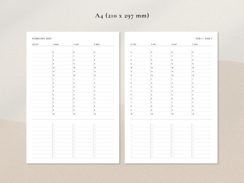 Veckoplanerare 2027–2028 | Timschema med att-göra-layout i PDF-format | A4, A5, US Letter, Half Letter, FC, Personlig, Personlig bred bild 2