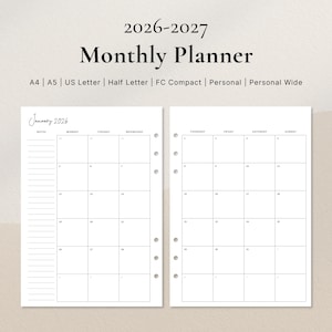 Afdrukbare maandkalender 2026-2027 | Maand op twee pagina's | A4, A5, US Letter, halve letter, persoonlijk, persoonlijk breed