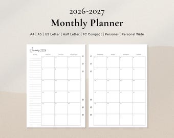 2026-2027 Monatsplaner Druckbarer Kalender | Monat auf Zwei Seiten | A4, A5, US Letter, Half Letter, Personal, Personal Wide