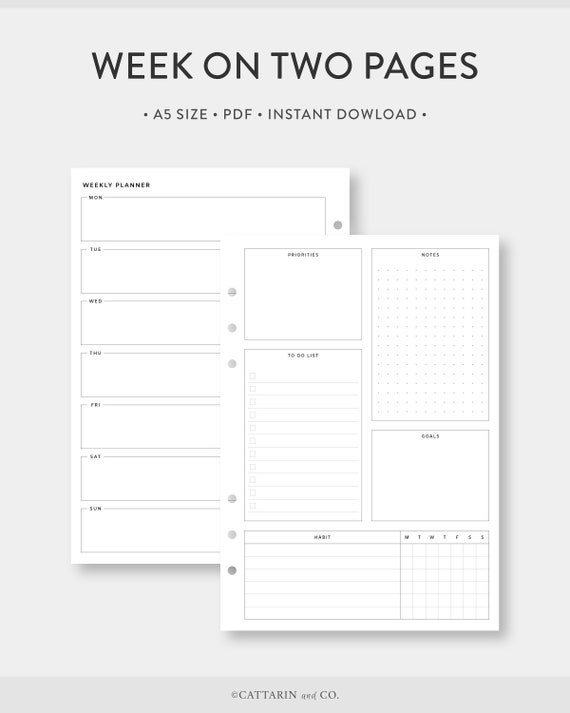 A5 Weekly Planner Printable Week on Two Pages Weely Habit | Etsy