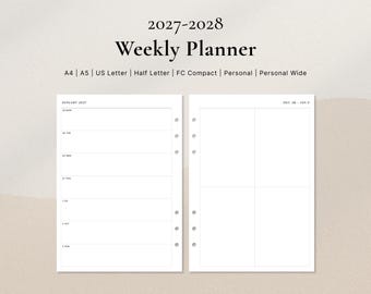 Veckoplanerare 2027–2028 | Minimal veckoplanerare + Fullt rutnätssidor i PDF-format | A4, A5, US Letter, Half Letter, FC, Personlig, Personlig bredplanerare