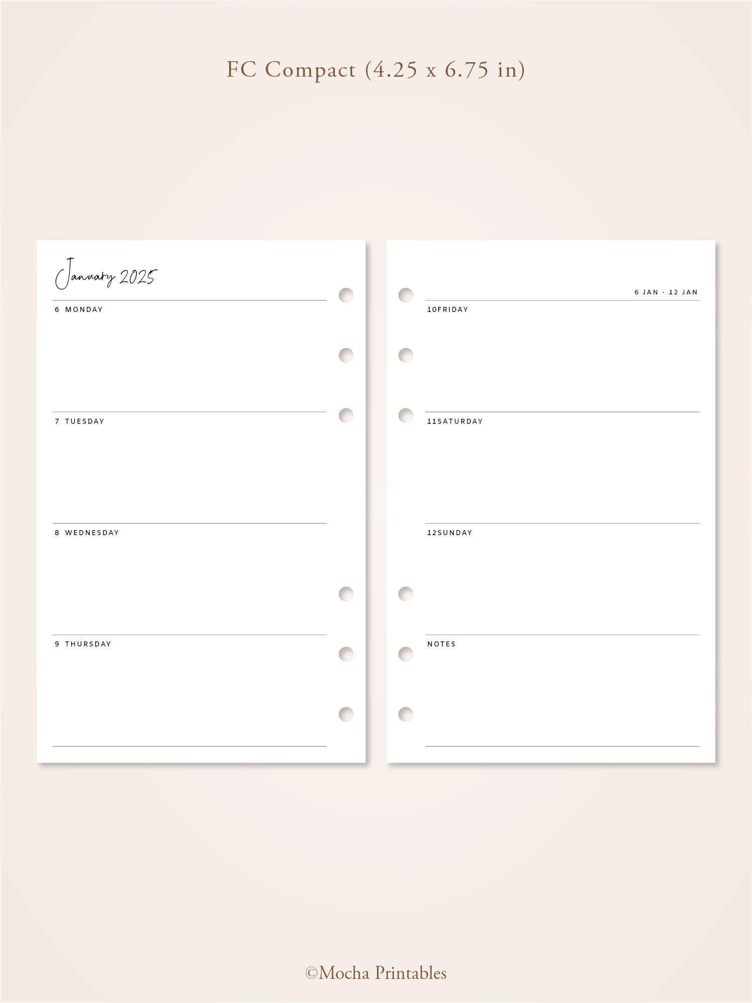 2025 Weekly Planner Printable Week on Two Pages A4, A5, US Letter, Half