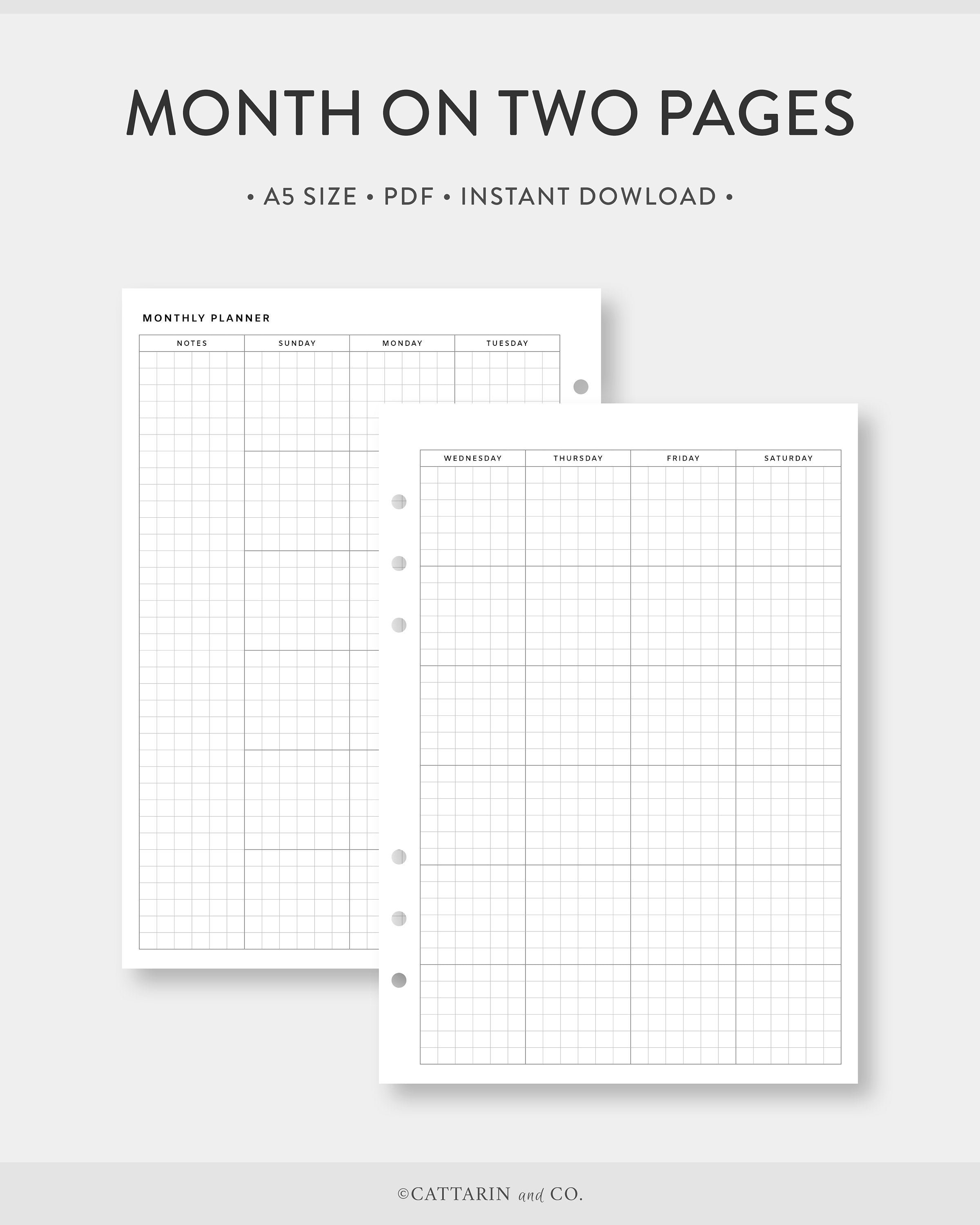 A5, Grid Monthly Planner Printable Calendar | Month on Two Pages ...