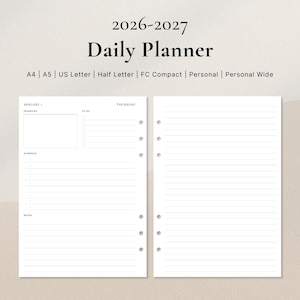 Könnte beinhalten: Ein weißes Tagesplaner-Doppelseite mit dem Text "2026-2027 Daily Planner". Die linke Seite hat Abschnitte für Datum, To-Do-Liste, Zeitplan und Notizen. Die rechte Seite ist liniert. Planergrößen sind A4, A5, US Letter, Half Letter, FC Compact, Personal und Personal Wide.