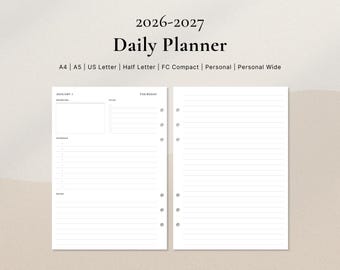 Planificador diario 2026-2027 / PDF imprimible de 2 páginas por día / A4, A5, Carta (EE. UU.), Media carta, FC, Personal, Personal ancho