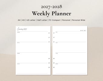 May include: A 2027-2028 weekly planner layout featuring two white pages with six punched holes on the inner edges. The text includes '2027-2028 Weekly Planner', 'A4 | A5 | US Letter | Half Letter | FC Compact | Personal | Personal Wide', and 'January 2027'.