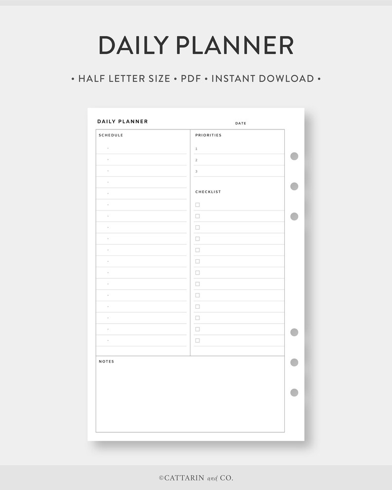 Half Letter Daily Planner Printable Day on One Page Etsy