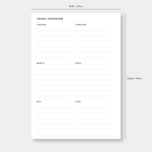 A6, Yearly Overview Printable | Year on Two Pages | Year at a Glance ...