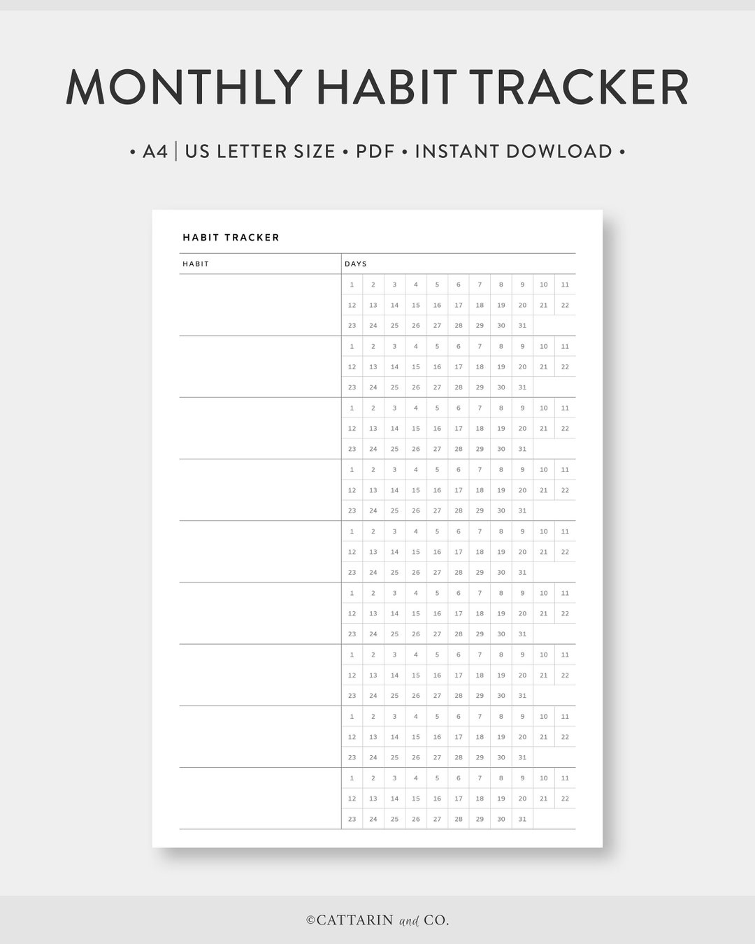 A4 | US Letter, Monthly Habit Tracker Printable | Routin Track | Simple ...