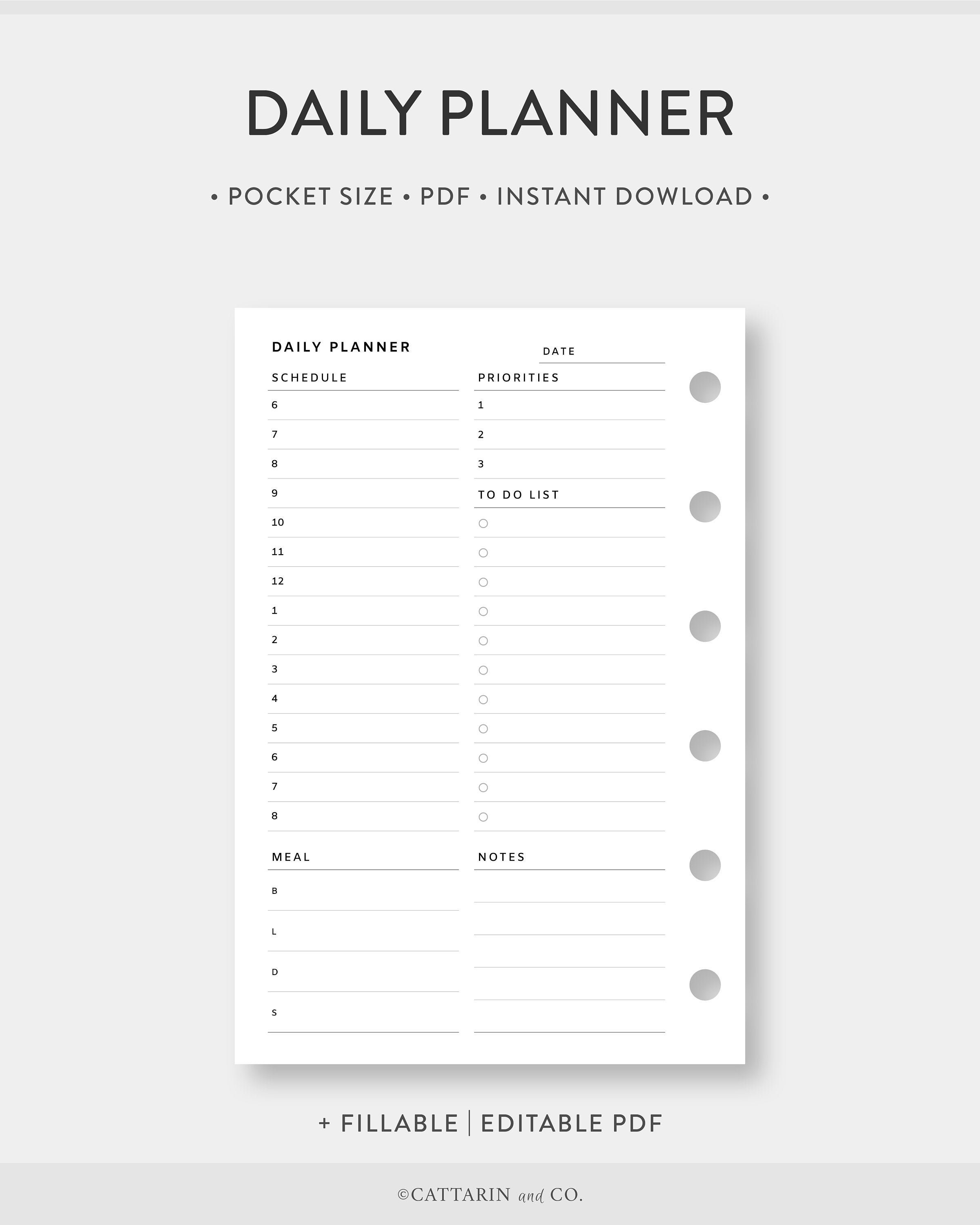 Pocket, Daily Planner Printable Fillable , Editable Day on One Page ...