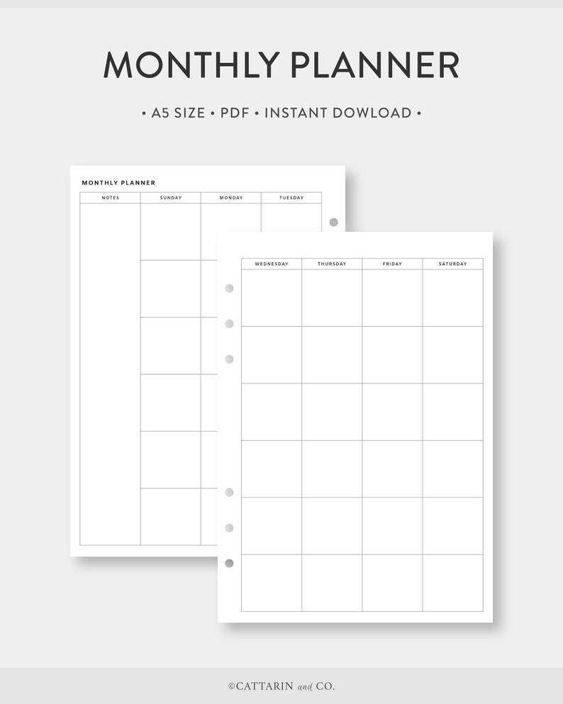 May include: A black and white printable monthly planner in A5 size. The planner has a notes section, a column for each day of the week, and a grid layout for scheduling appointments and tasks.