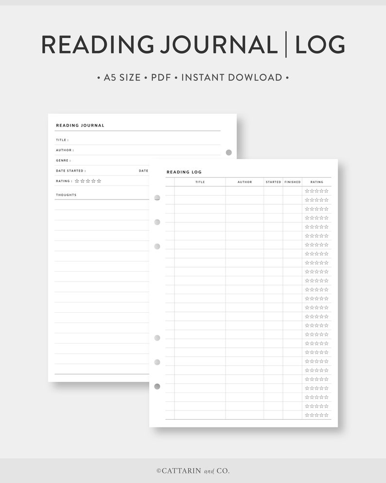 A5, Reading Journal, Log Printable Set Book Review, List Simple Template PDF Inserts A5 Size