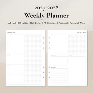 2027–2028 Weekly Planner | Grid, To-Do + Priorities Layout PDF | A4, A5, US Letter, Half Letter, FC, Personal, Personal Wide