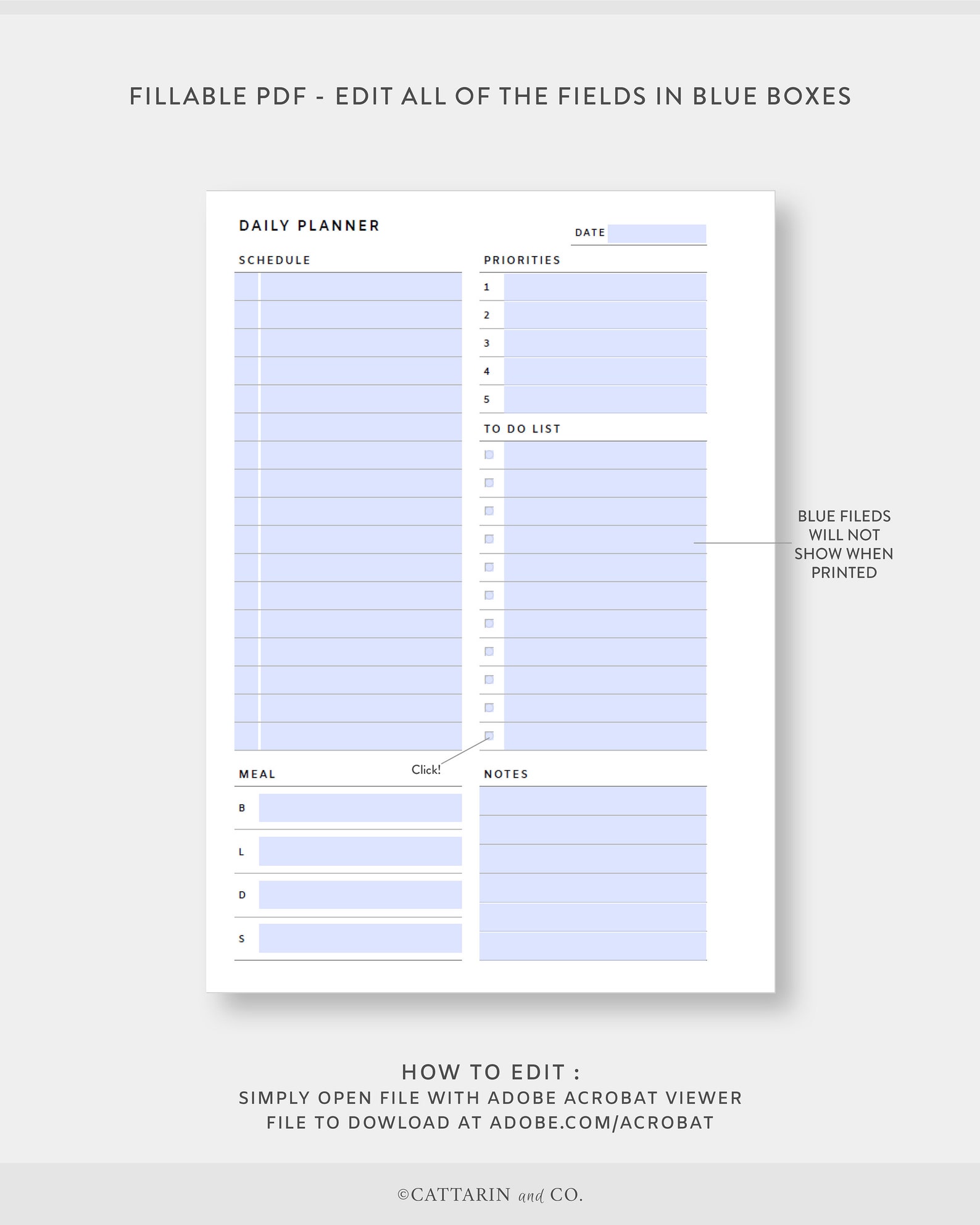 A6, Daily Planner Printable Fillable , Editable Day on One Page Undated ...