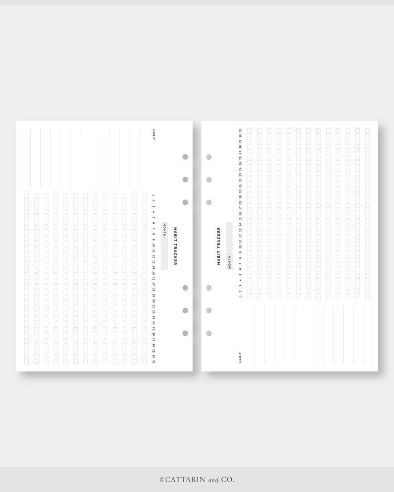 May include: A printable habit tracker with two pages. The left page has a section for notes and a grid for tracking habits. The right page has a grid for tracking habits with a section for notes at the bottom. The text "HABIT TRACKER" is printed at the top of each page.
