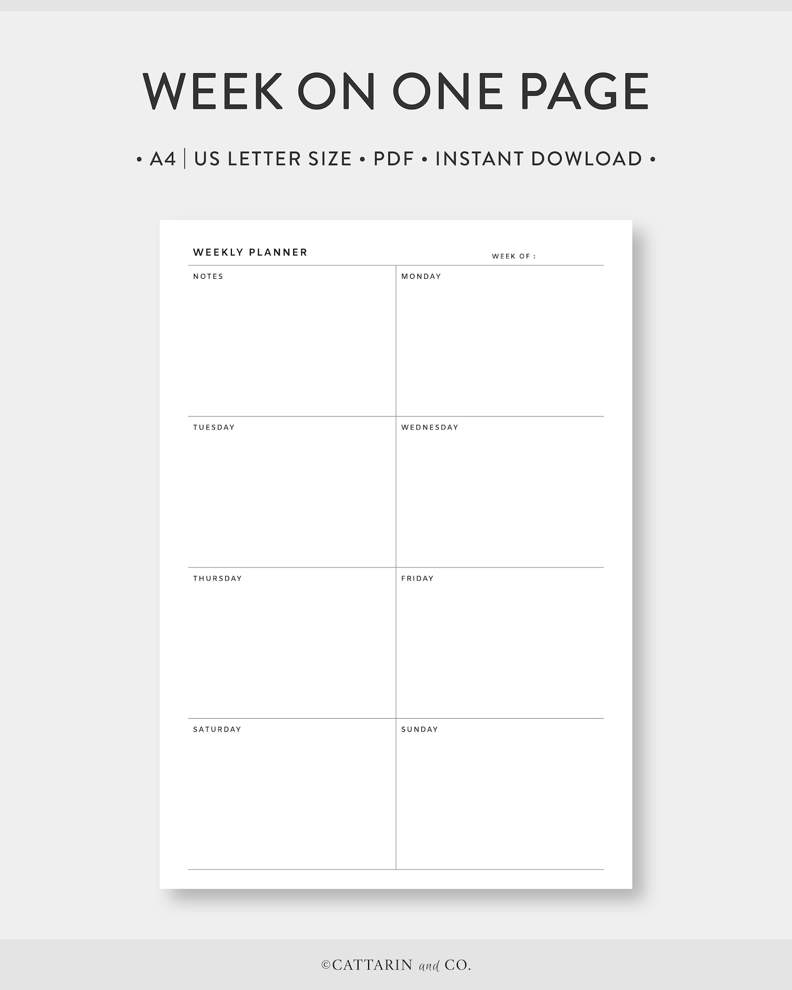 A4 | US Letter, Minimalist Weekly Planner Printable | Week on One Page ...