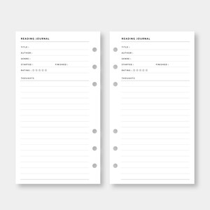 May include: A printable reading journal with two pages. Each page has a section for the title, author, genre, started, finished, rating, and thoughts. The pages are designed to be used in a disc-bound planner.
