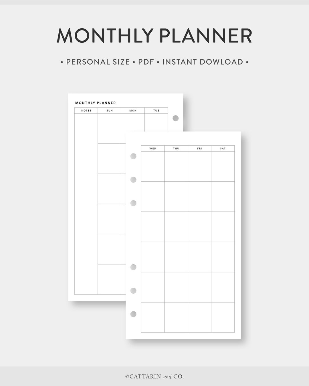 Personal, Minimalist Monthly Planner Printable Calendar | Month on Two ...