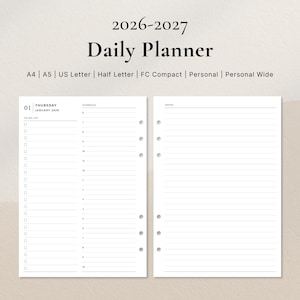 2026, 2027 Dated Daily Planner Printable | Day on Two Pages | A4, A5, US Letter, Half Letter, Personal, Personal Wide