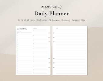 Agenda giornaliera datata 2026, 2027 stampabile / Giorno su due pagine / A4, A5, Lettera USA, Mezza lettera, Personale, Personale largo