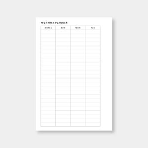Op de afbeelding: Een zwart-witte maandelijkse planner met de woorden "MONTHLY PLANNER" bovenaan. De planner heeft kolommen voor "NOTES", "SUN", "MON" en "TUE".