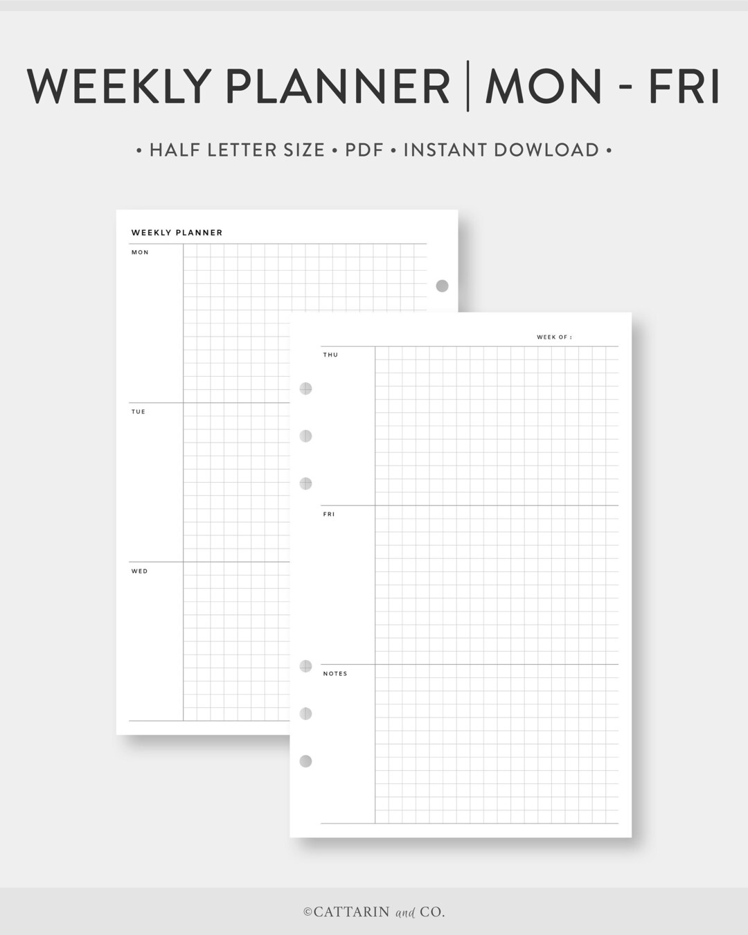 Half Letter, 5 Days Weekly Planner Printable Monday - Friday, Grid ...