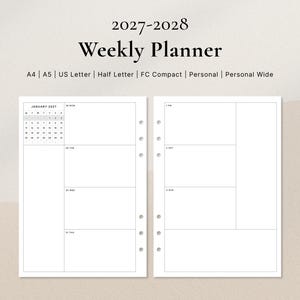 May include: A 2027-2028 weekly planner insert set featuring a two-page layout with a monthly calendar for January 2027, daily sections for Monday through Sunday, and six binder holes. Text includes 2027-2028 Weekly Planner and paper sizes.