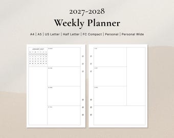 Veckoplanerare 2027–2028 | Hela vertikala veckolådor + anteckningar PDF | A4, A5, US Letter, Half Letter, FC, Personlig, Personlig bred