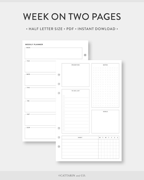 Half Letter Weekly Planner Printable Week on Two Pages - Etsy