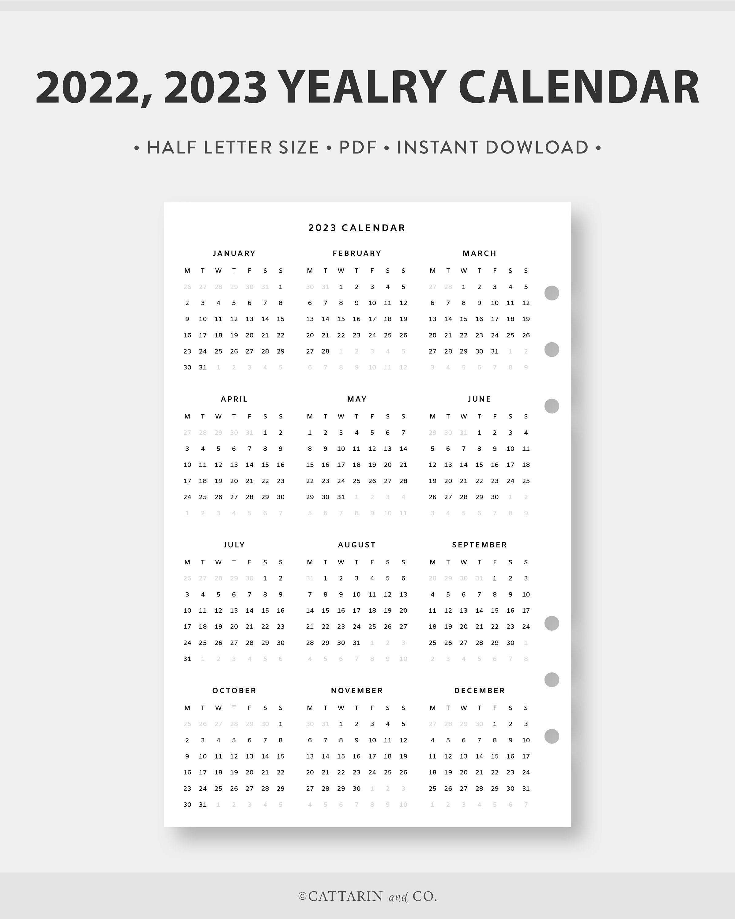 Half Letter 2022 2023 Yearly Calendar Printable Year at a - Etsy