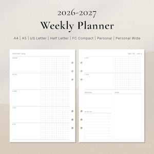 May include: A white weekly planner with a grid layout, featuring the text "2026-2027 Weekly Planner." Includes sections for dates, notes, and to-do lists. Available in A4, A5, US Letter, Half Letter, FC Compact, Personal, and Personal Wide sizes.