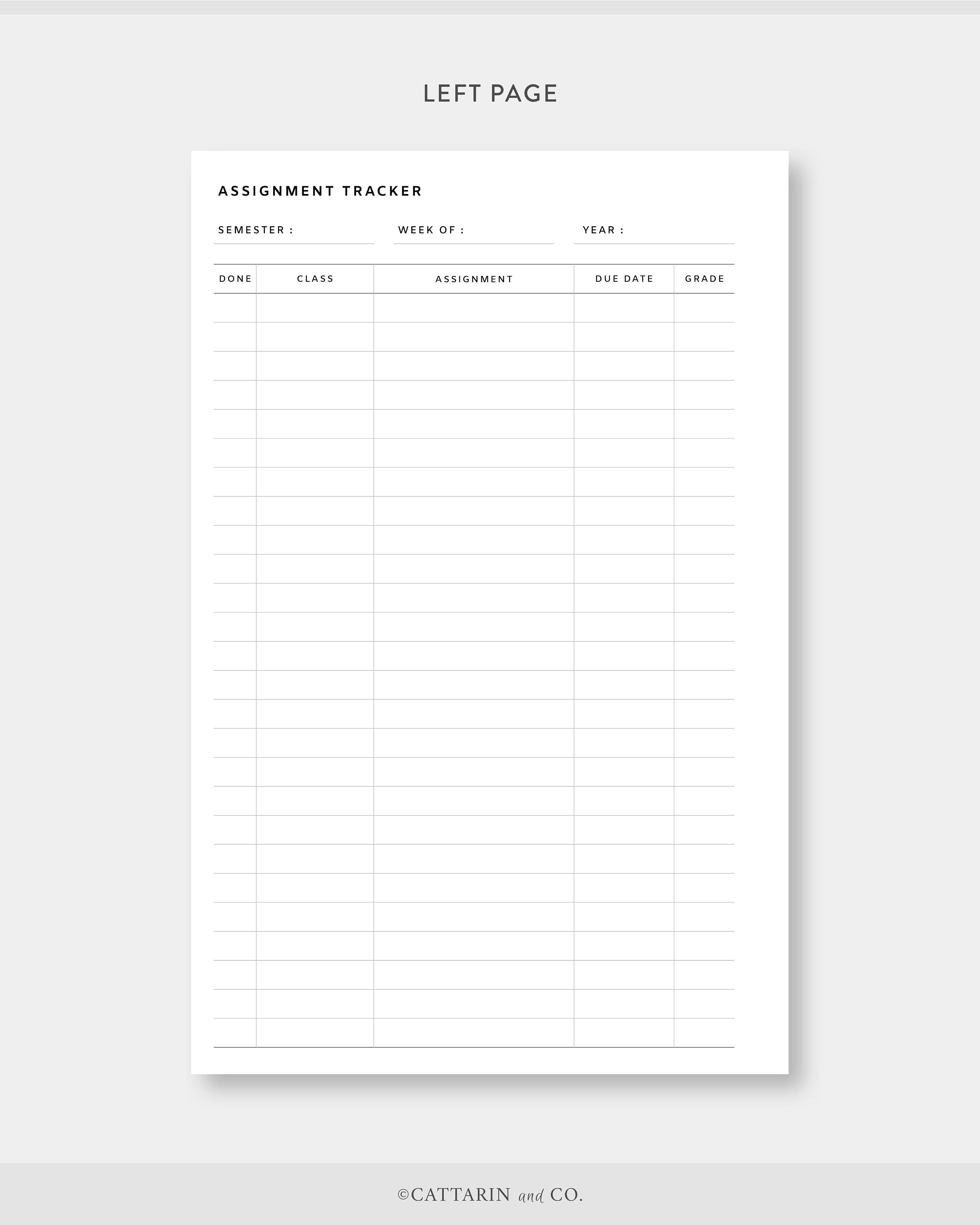 Half Letter, Assignment Planner &amp; Tracker Printable Homework, Study ...